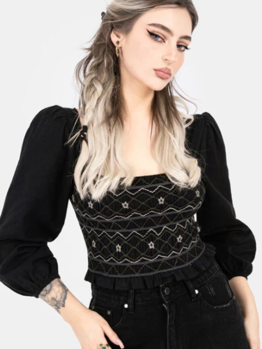 Disturbia Black Smocked Puff Sleeve Crop Top with Embroidered Detail
